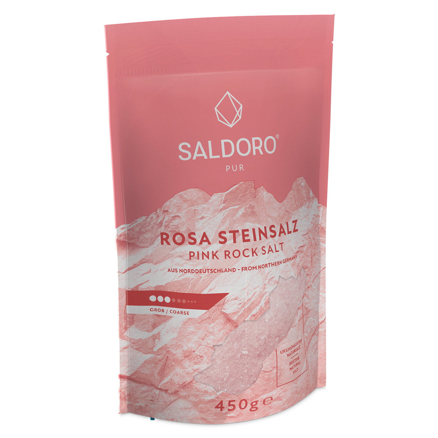 Saldoro coarse pink rock salt, doypack from the side