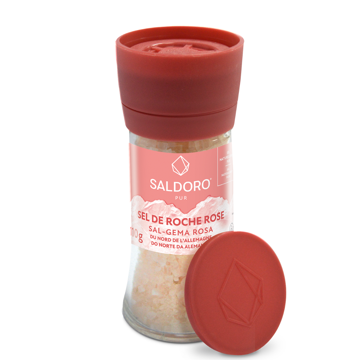 Saldoro Mühle pinkes Steinsalz 110g Verpackung von vorne, ohne Deckel