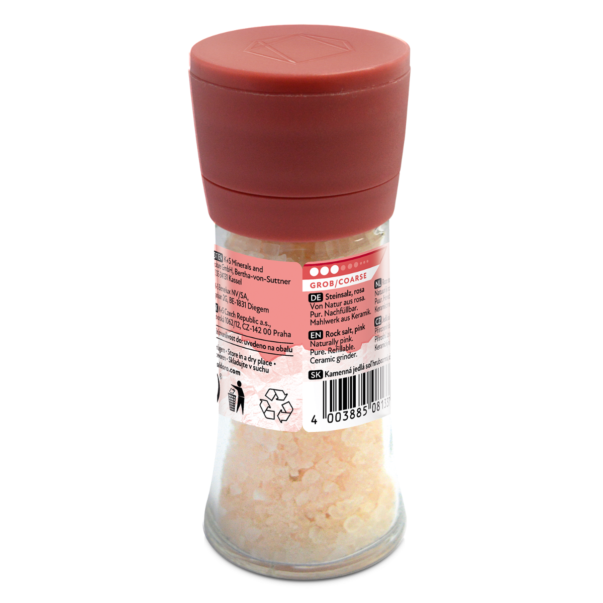 Saldoro Mühle pinkes Steinsalz 110g Verpackung Rückseite