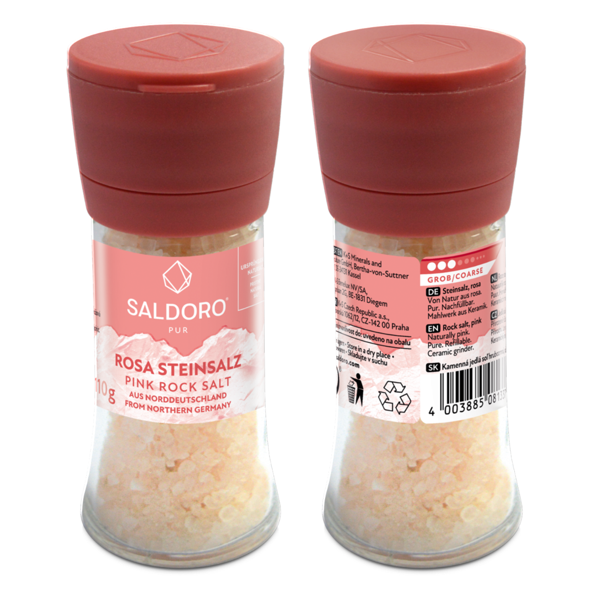 Saldoro Mühle pinkes Steinsalz 110g Verpackung Vorder- und Rückseite