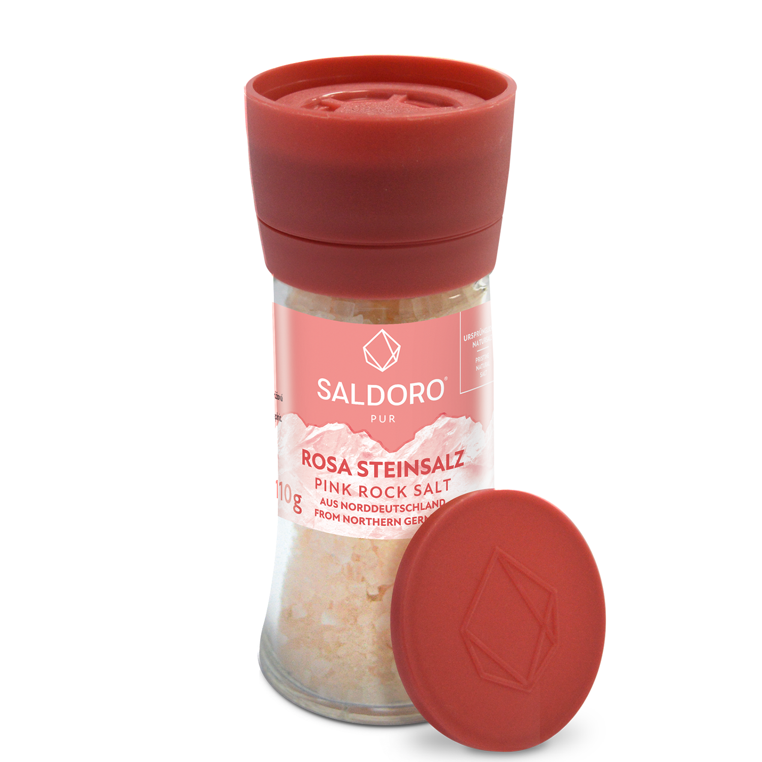 Saldoro mill, pink rock salt from the front, without lid