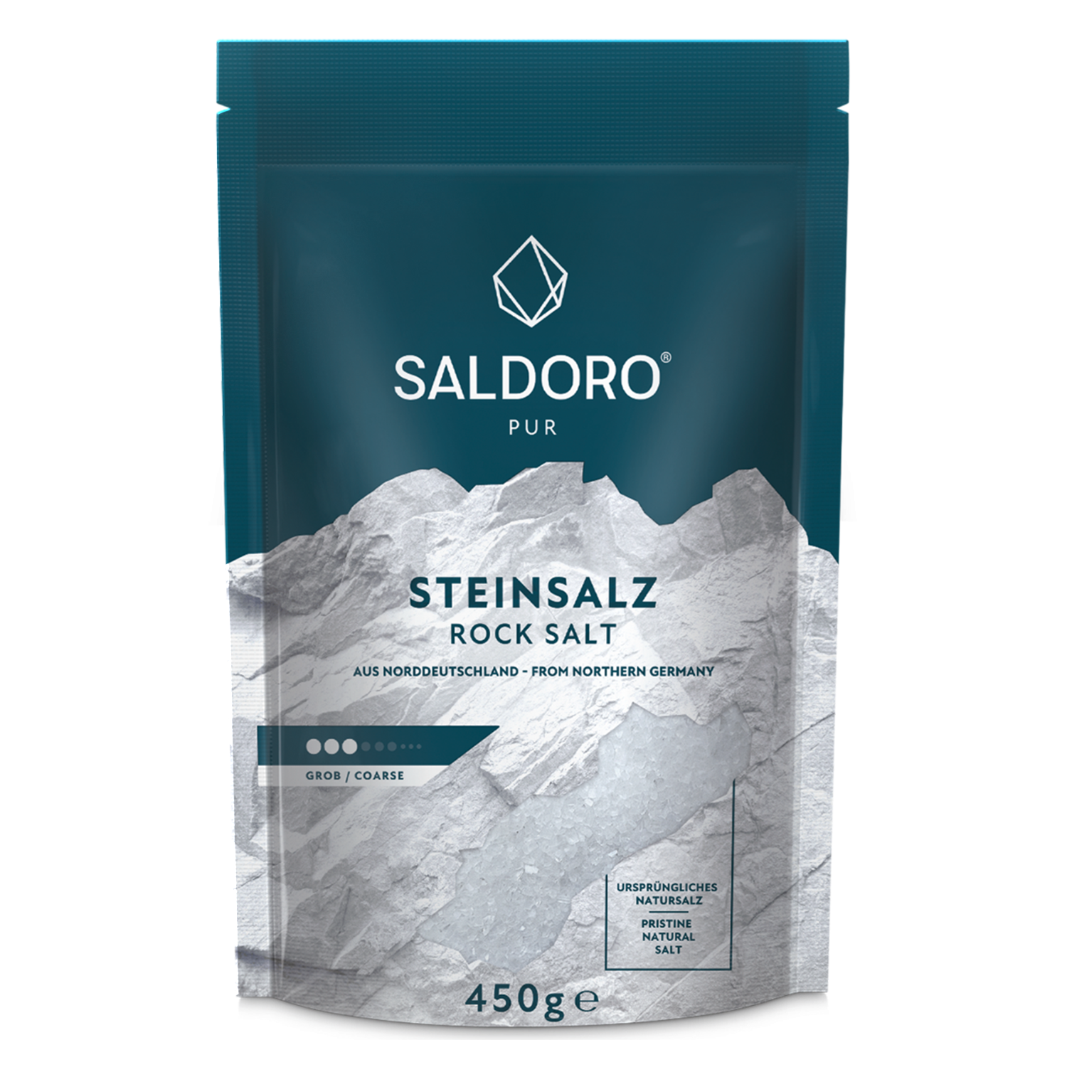 Saldoro coarse rock salt Doypack from the front