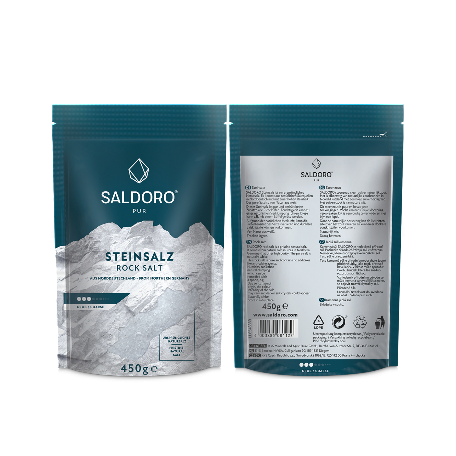 Saldoro coarse rock salt Doypack front and back