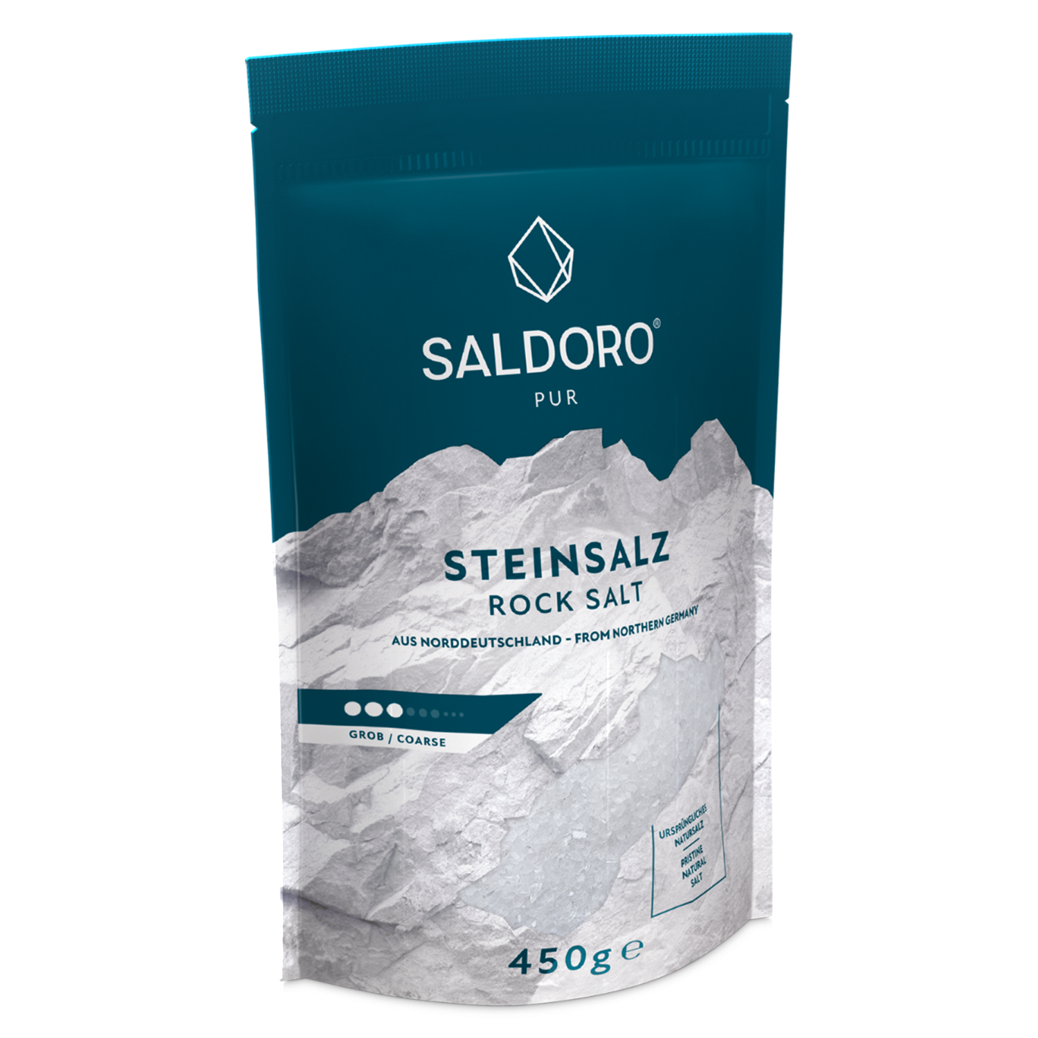 Saldoro coarse rock salt Doypack from the side