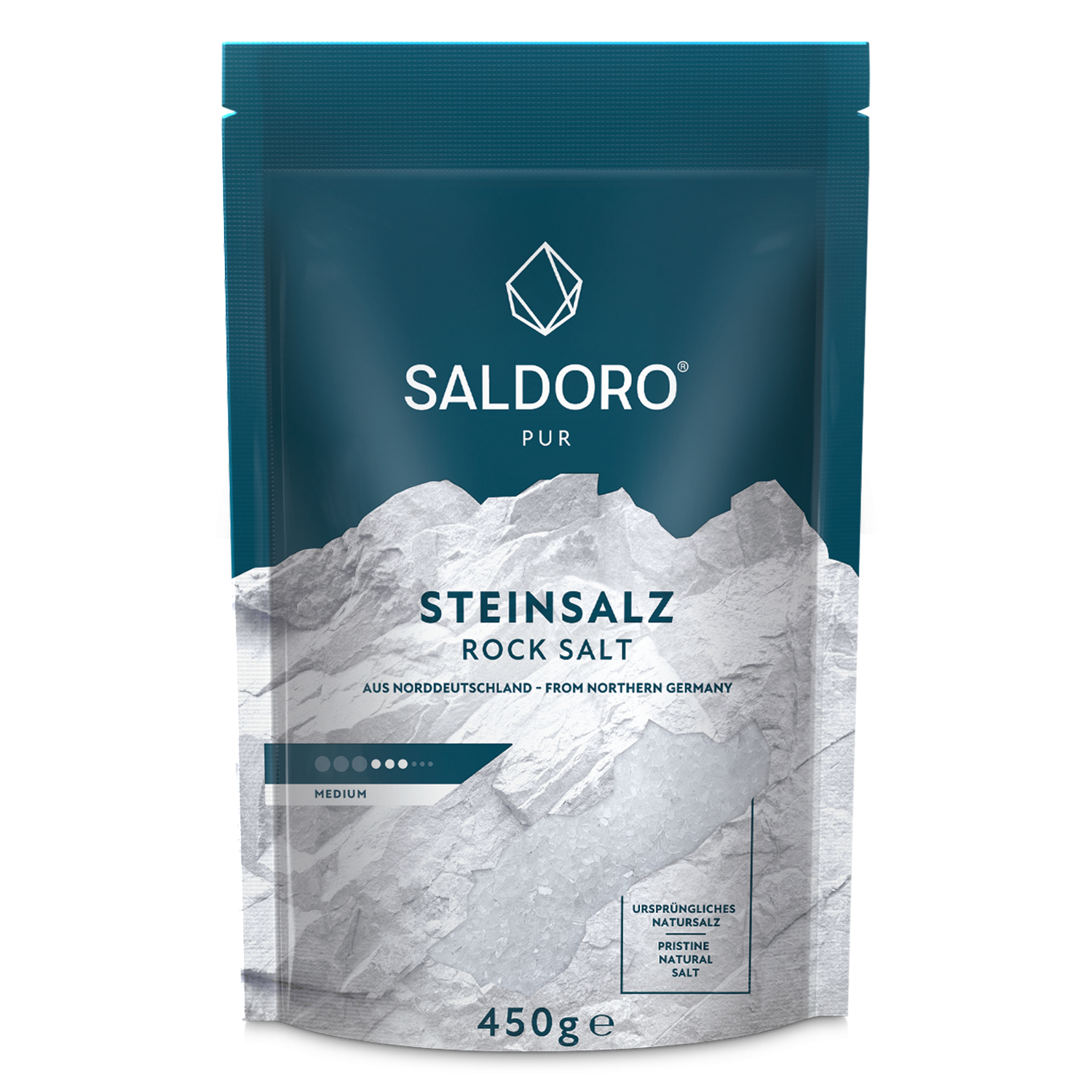 Saldoro rock salt medium coarse in doypack from the front
