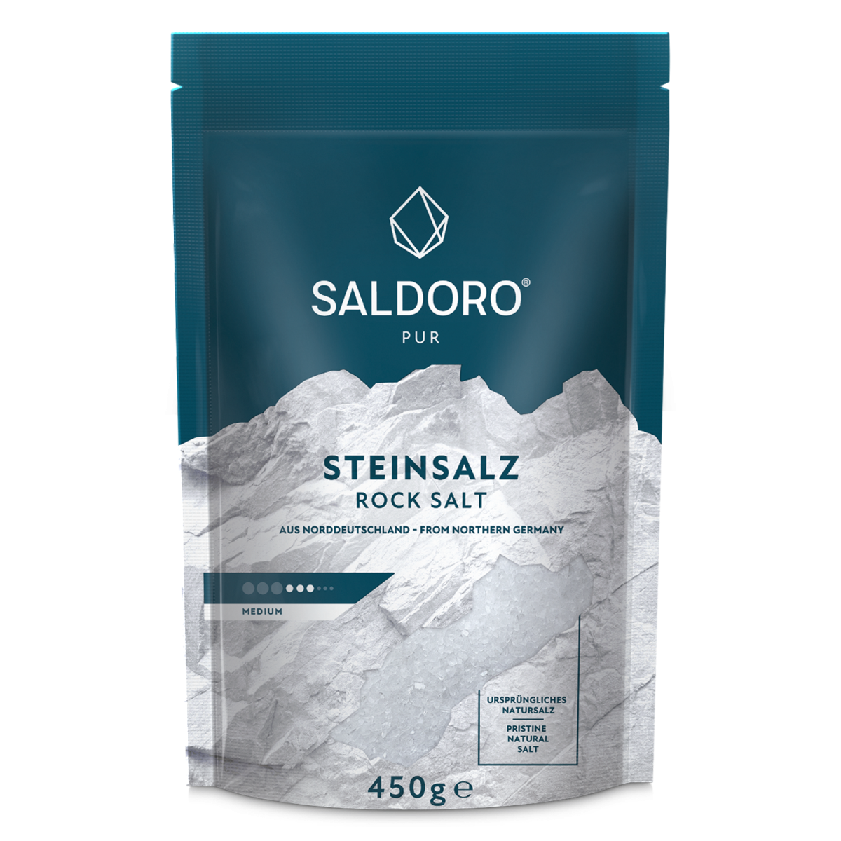 Saldoro rock salt medium coarse in doypack from the front