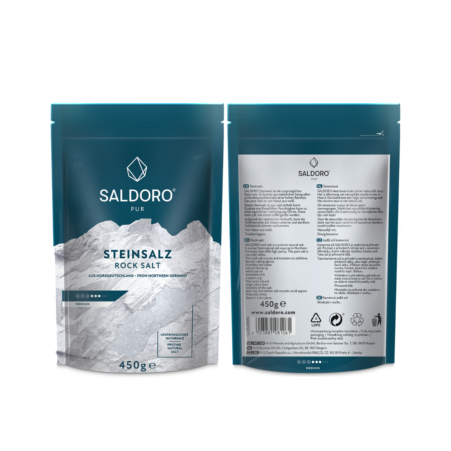 Saldoro rock salt medium coarse in doypack front and back