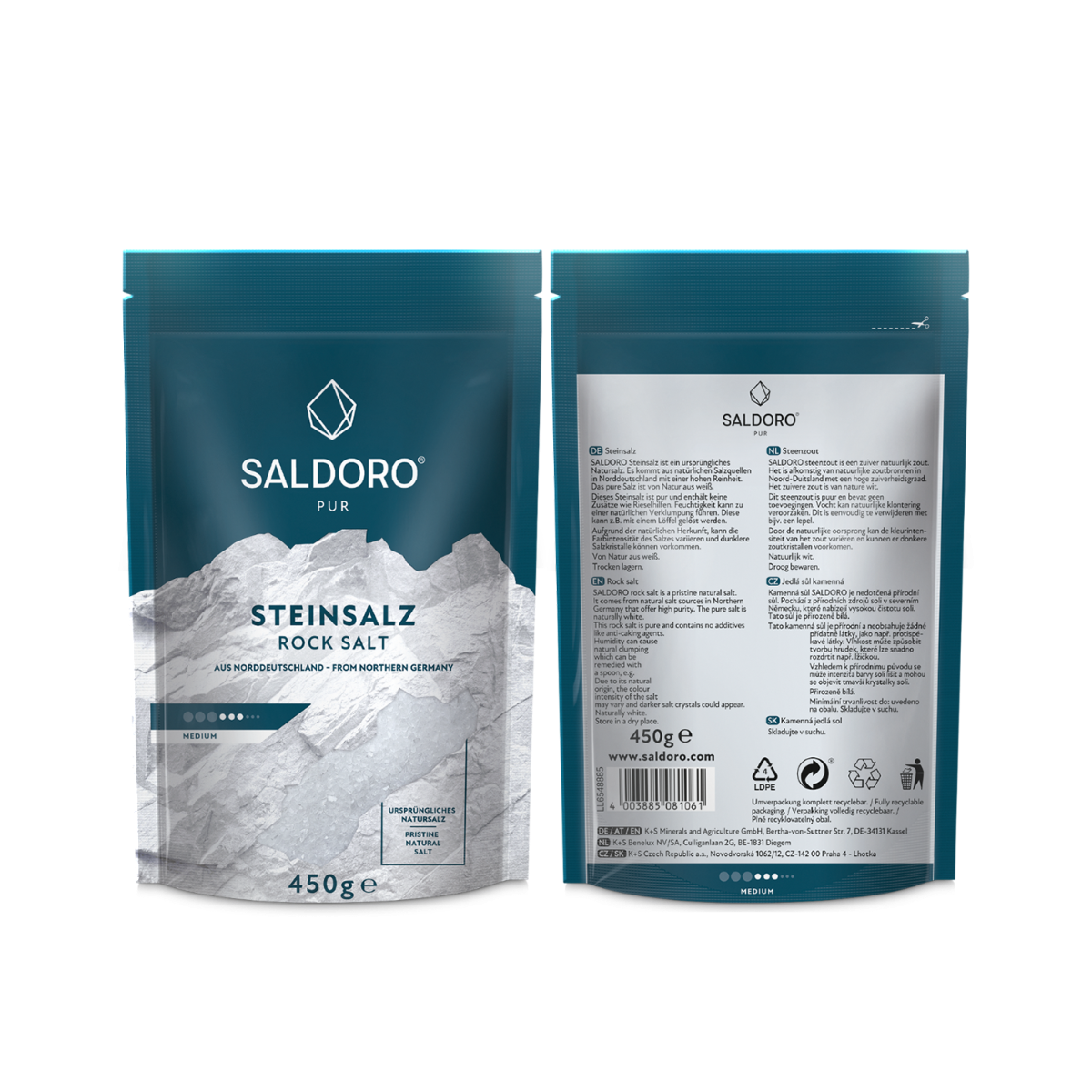 Saldoro rock salt medium coarse in doypack front and back