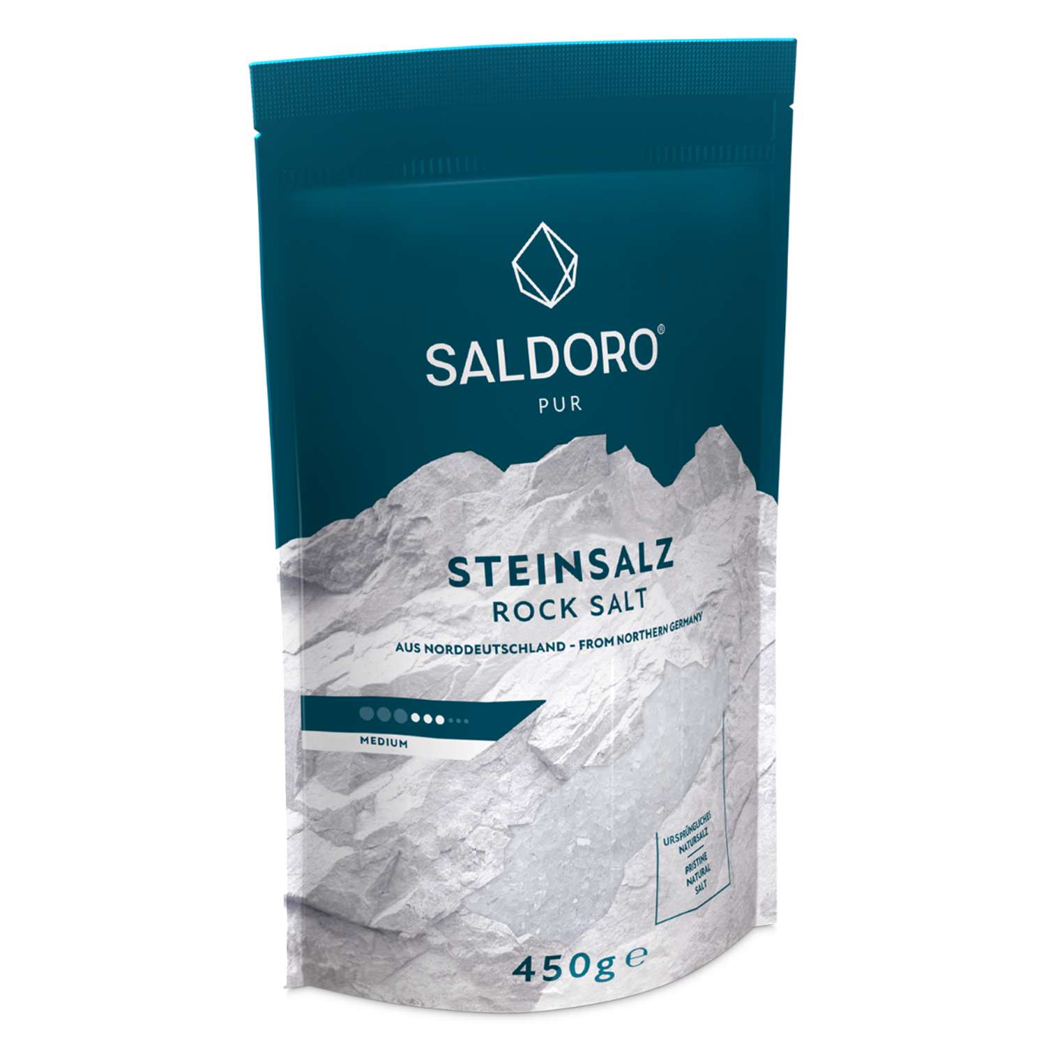 Saldoro rock salt medium coarse in doypack from the side