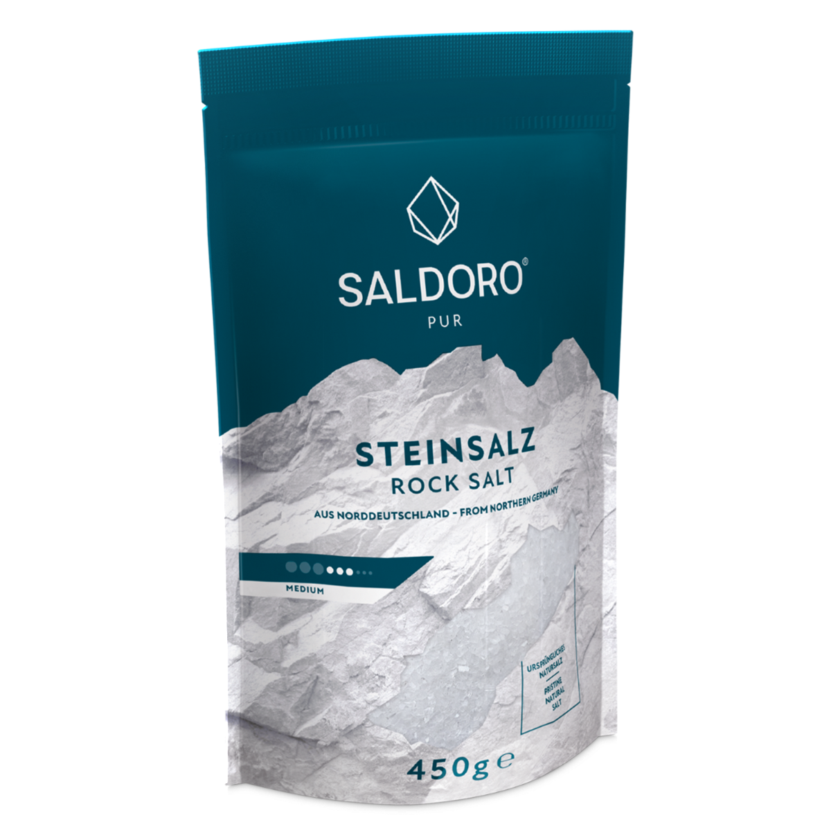 Saldoro rock salt medium coarse in doypack from the side