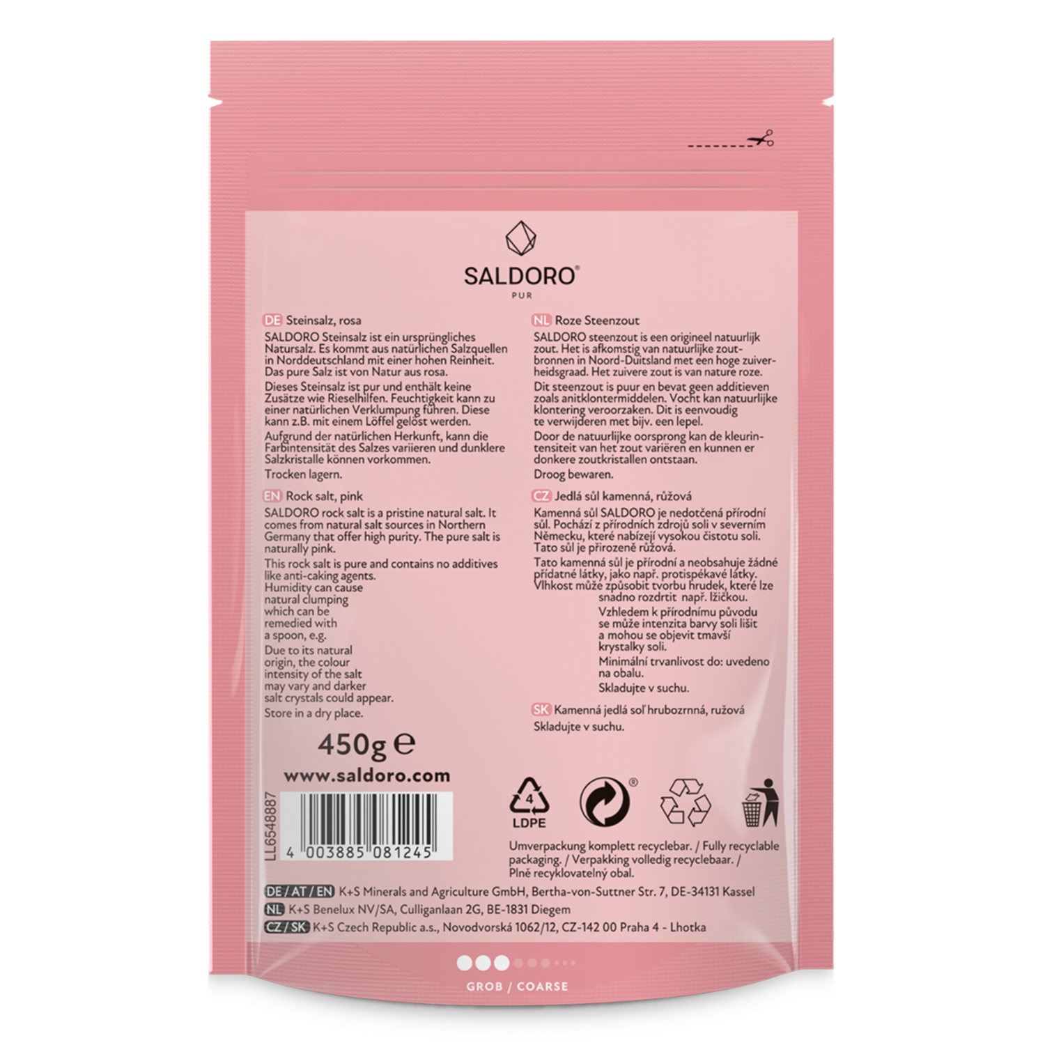 Saldoro coarse pink rock salt, doypack back