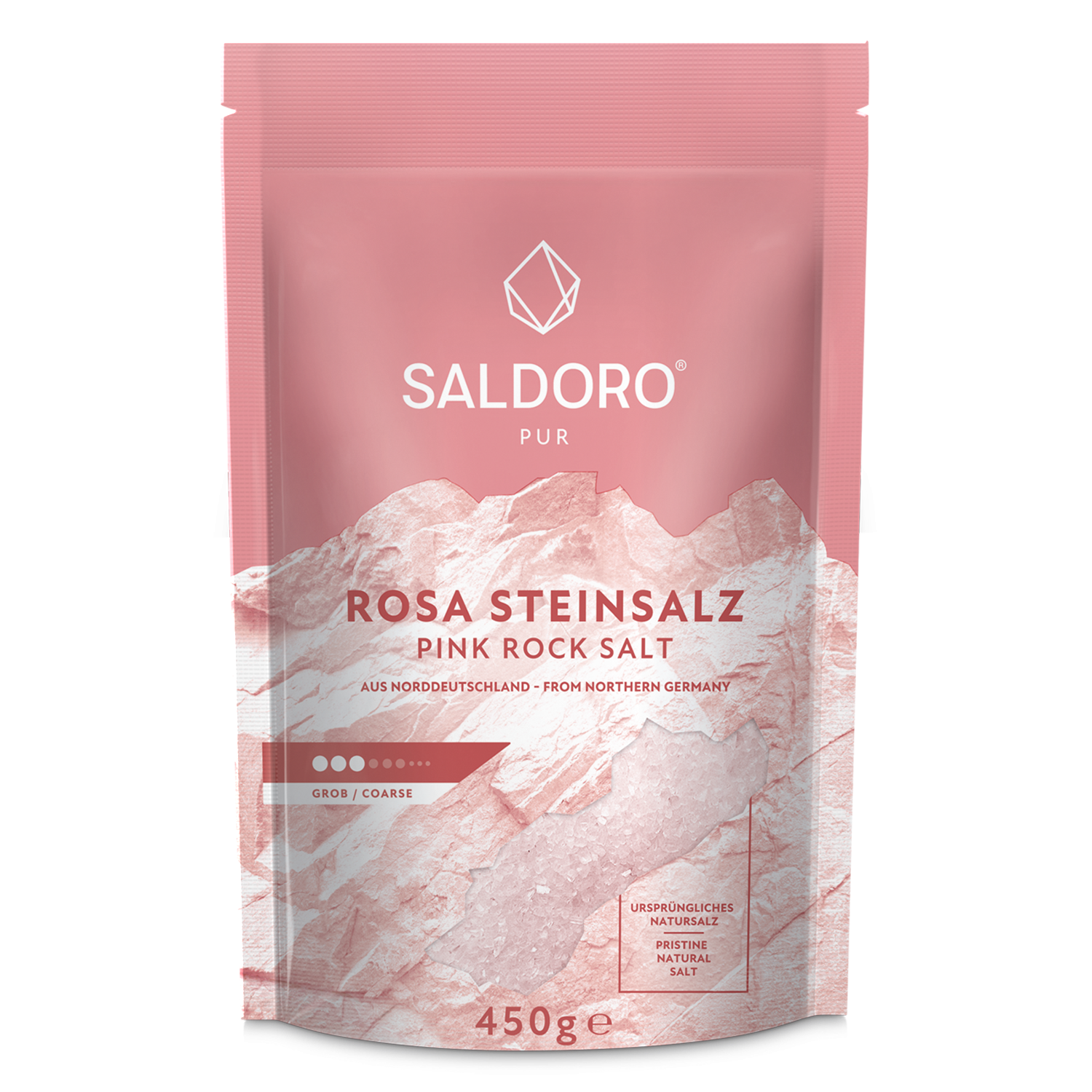 Saldoro coarse pink rock salt, doypack from the front