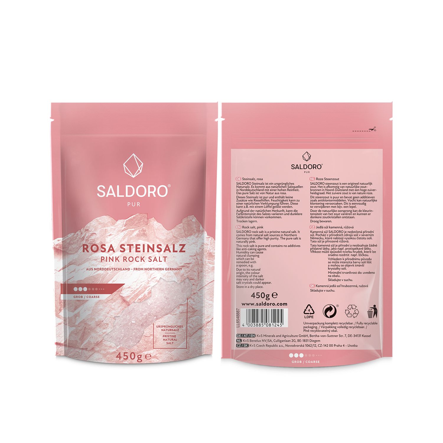 Saldoro coarse pink rock salt, doypack front and back