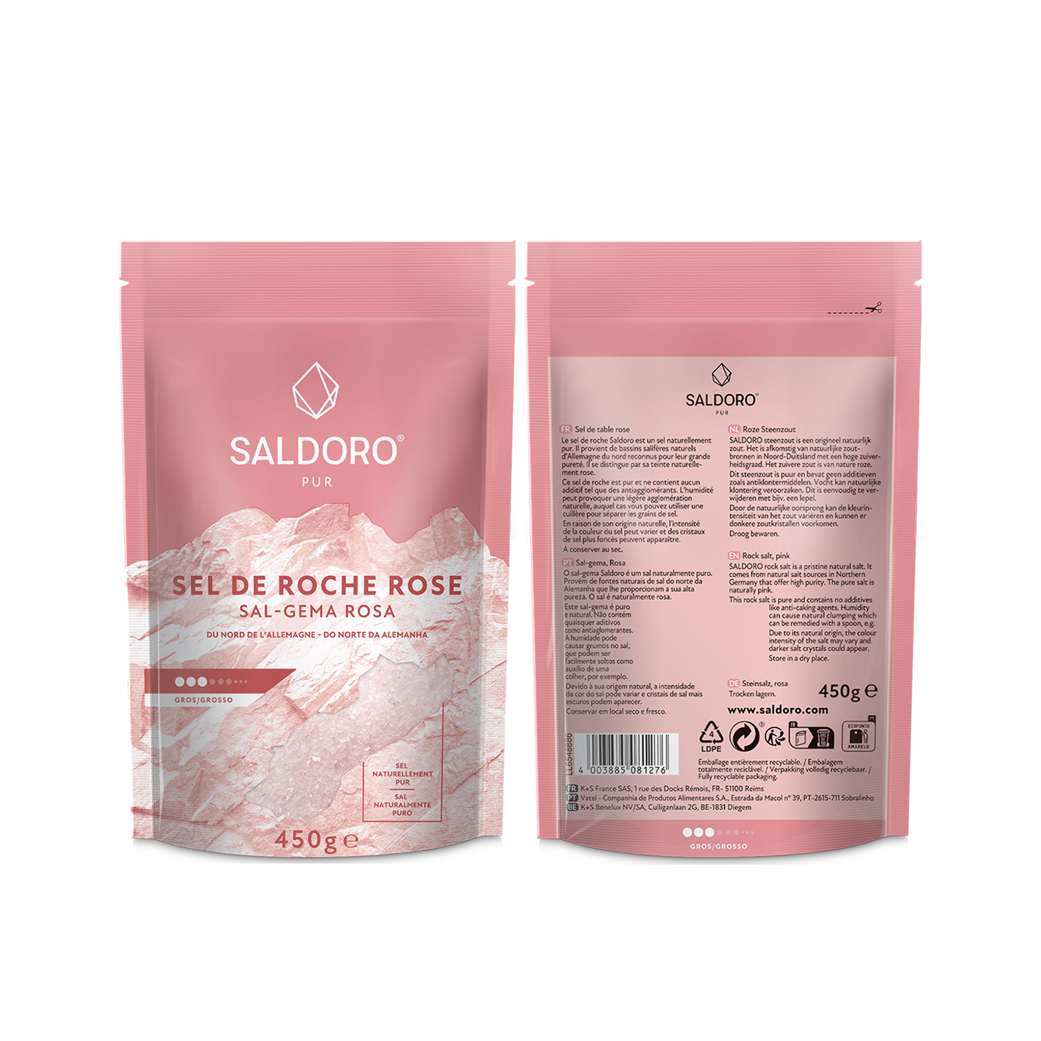 Saldoro Doypack, gros sel gemme rose de face et de dos