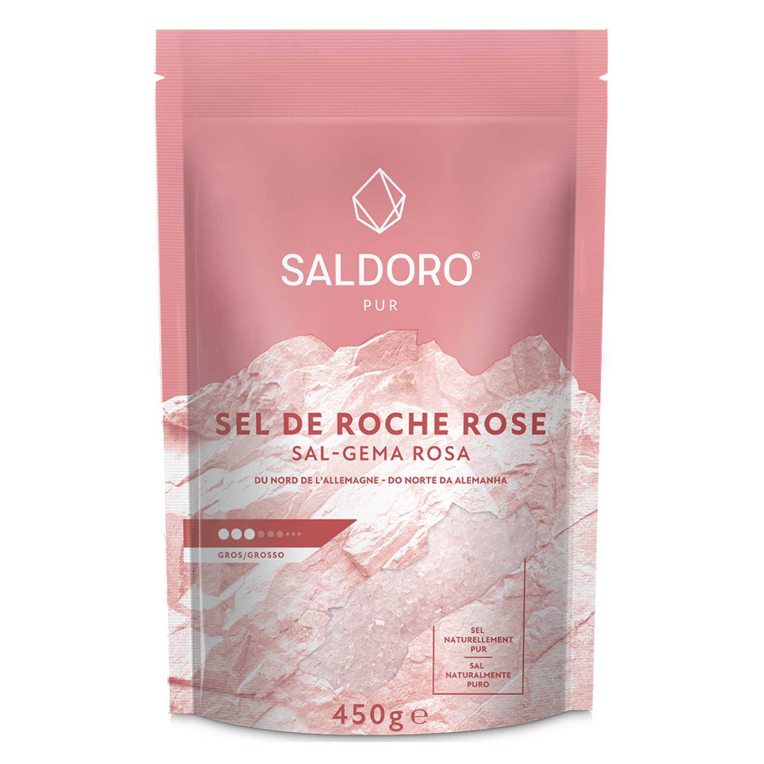 Saldoro Doypack, gros sel gemme rose de face