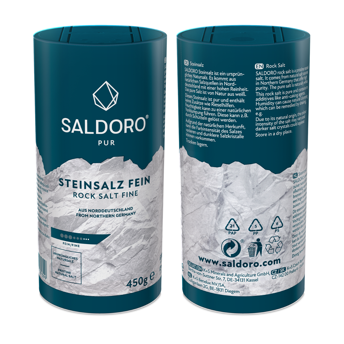 Saldoro Streuer 450g Verpackung Vorder- und Rückseite